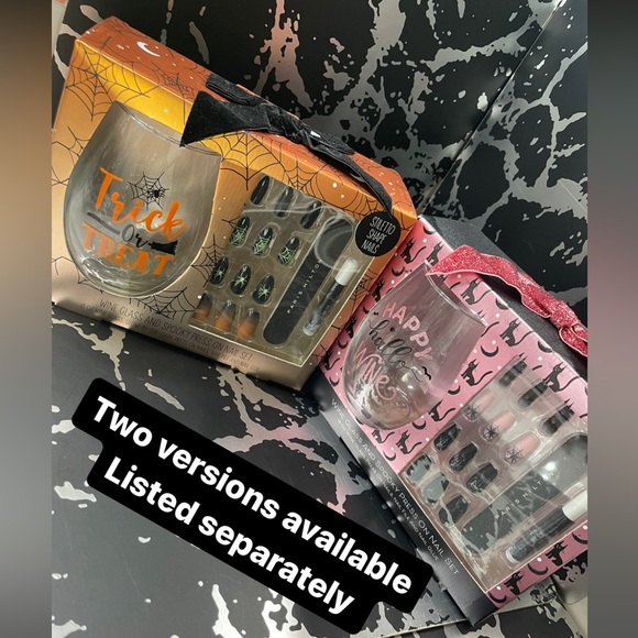 Paris Hilton Wine Glass and Spooky Press On Nail Set Orange and Black NEW in Box - Picture 7 of 8